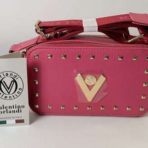 Valentino Orlandi HOT PINK Studded Crossbody Bag with Gold V Hardware
